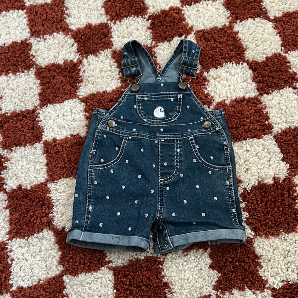 Carhartt • logo polka dot denim short overalls